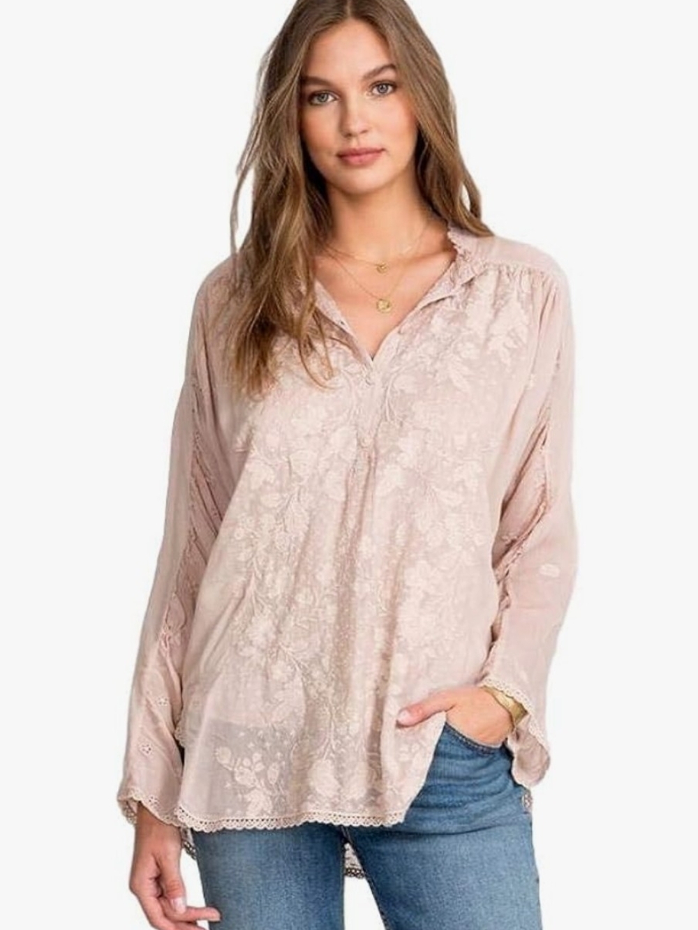 Johnny Was Carine Blouse Dusty Pink Floral Embroidered Boho Chic Size S
